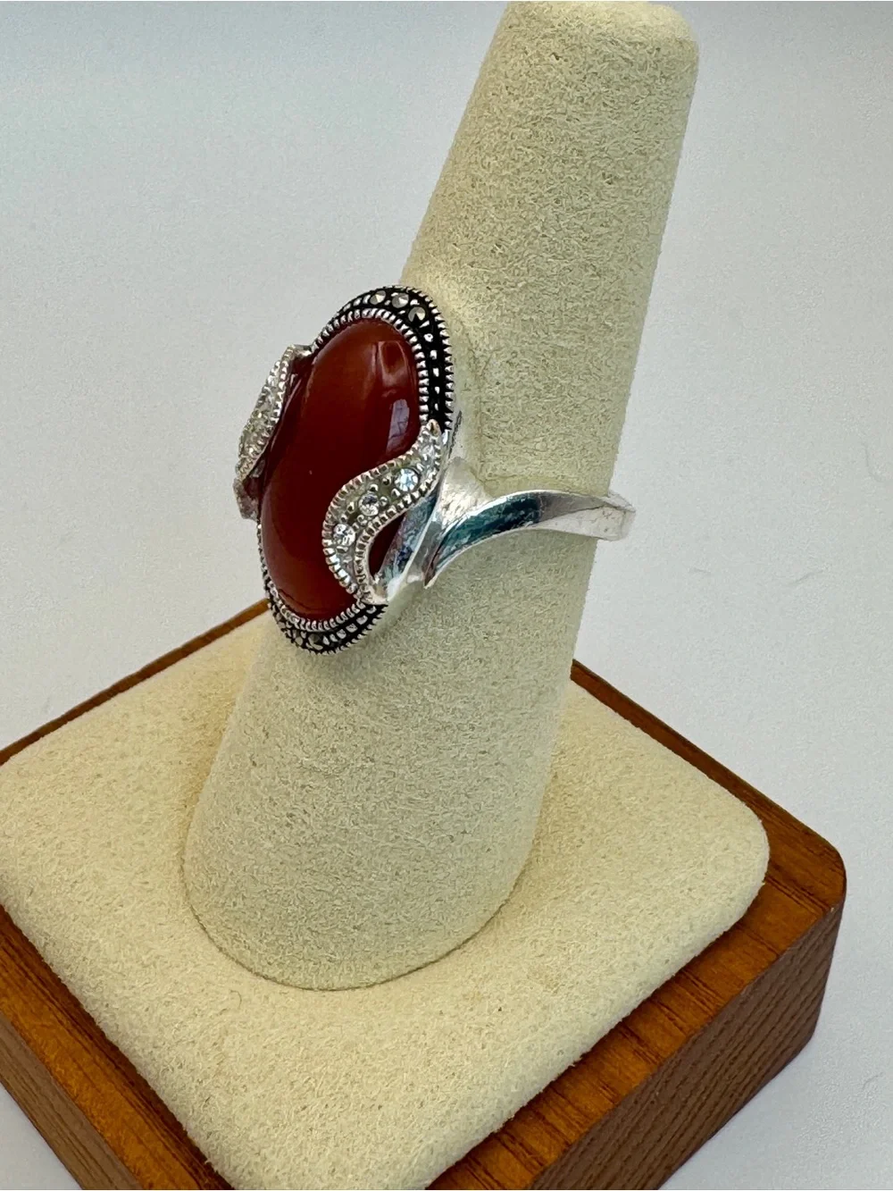 Boho Vintage Carnelian & Marcasite Silver Ring - Sz 8 Perfect for Summer